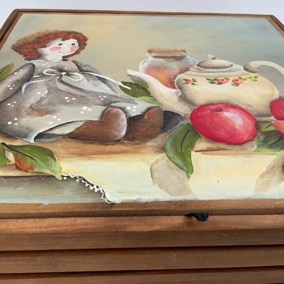 Handmade Vtg Folk Art Wood Sewing Box Carrying Case Hand Painted Cover - Picture 8 of 13